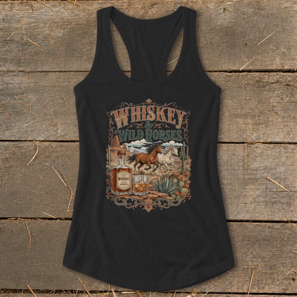 Black tank top with "Whiskey & Wild Horses" text and desert horse graphic.