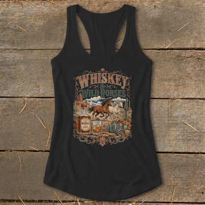 Black tank top with "Whiskey & Wild Horses" text and desert horse graphic.