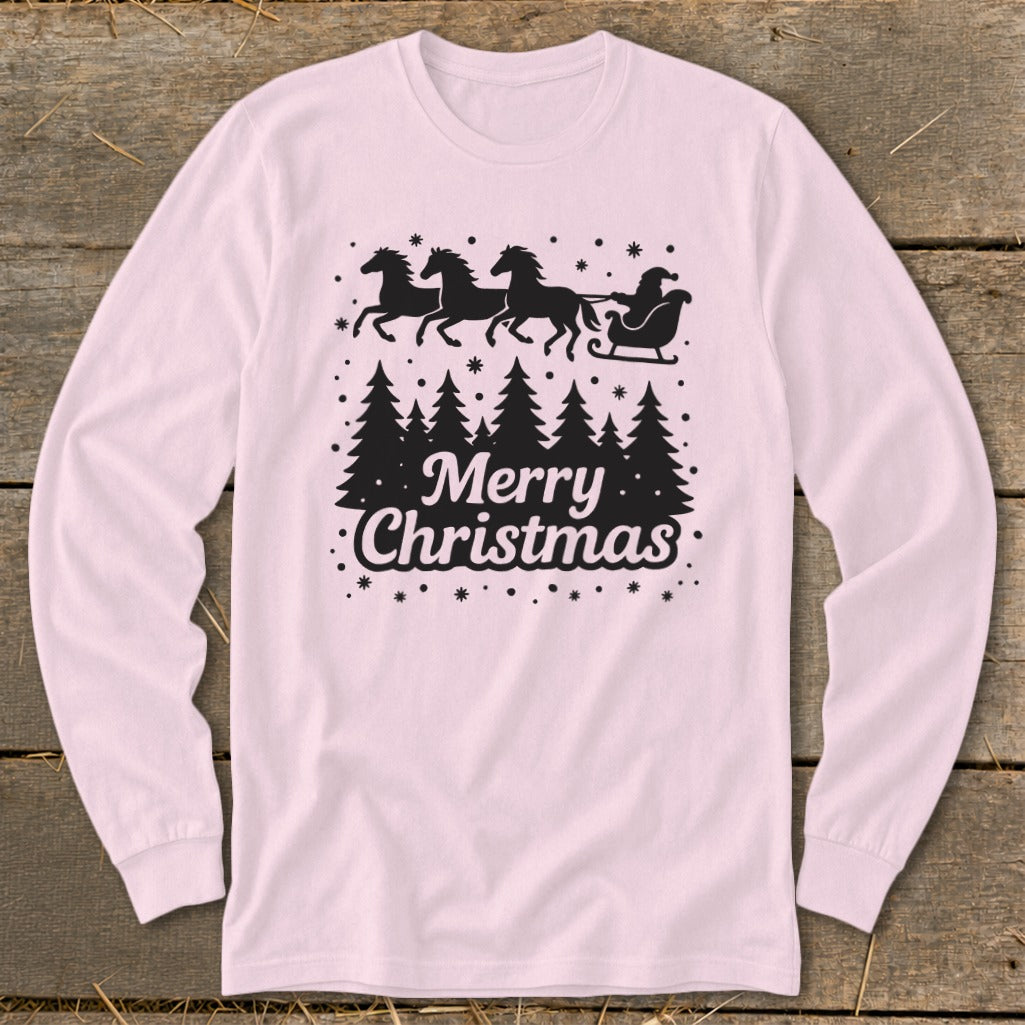Long sleeve shirt with "Merry Christmas" text, Santa in a sleigh pulled by horses, and trees.