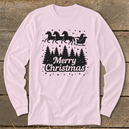 Long sleeve shirt with "Merry Christmas" text, Santa in a sleigh pulled by horses, and trees.