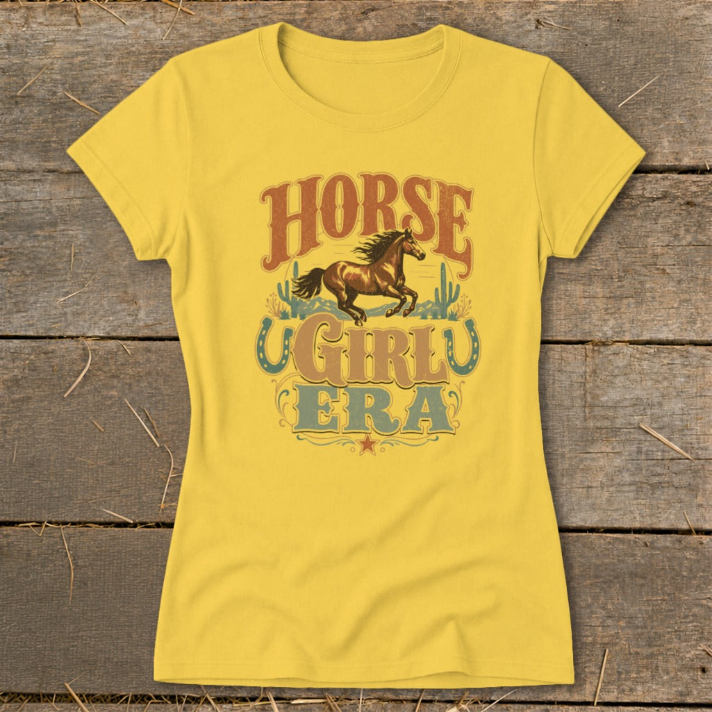 Yellow t-shirt with "Horse Girly Era" text, horse, and cacti graphic.