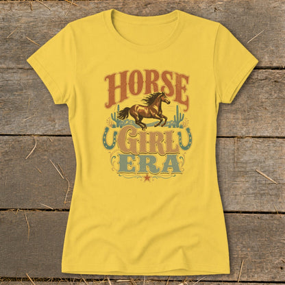 Yellow t-shirt with "Horse Girly Era" text, horse, and cacti graphic.