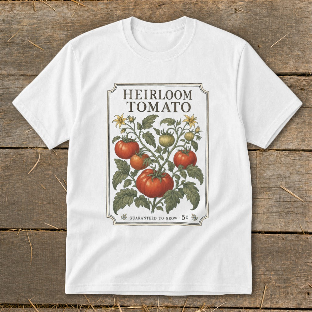 White t-shirt with "Heirloom Tomato Guaranteed to Grow 5¢" seed packet design.