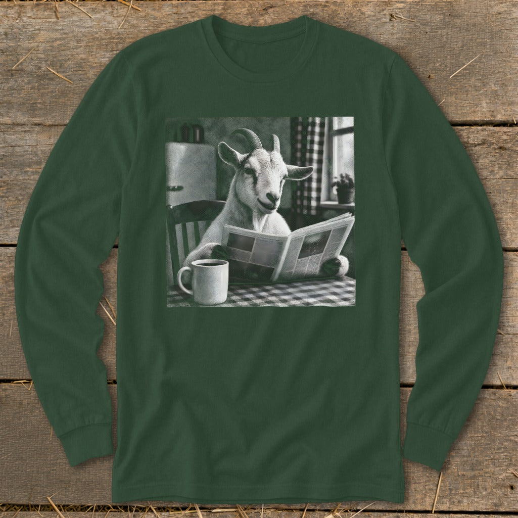 Dark green long-sleeve t-shirt featuring a black and white graphic of a goat reading a newspaper.