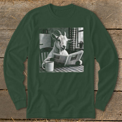 Dark green long-sleeve t-shirt featuring a black and white graphic of a goat reading a newspaper.