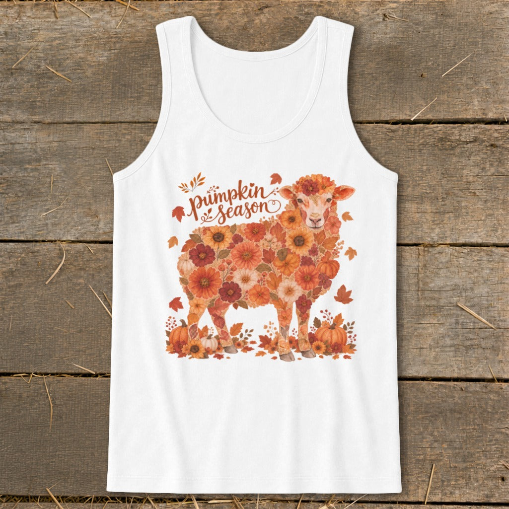 White tank top with a sheep made of autumn flowers and text "Pumpkin Season".