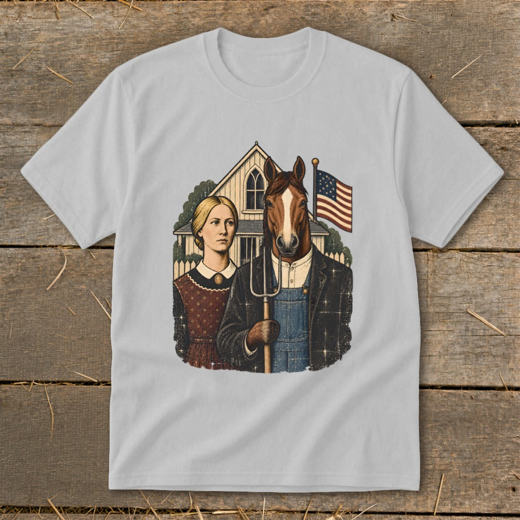 Light gray crewneck t-shirt featuring a parody graphic of American Gothic with a horse holding a pitchfork.