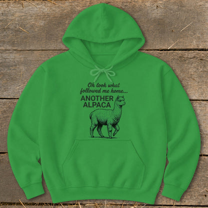 Green hoodie with "Oh look what followed me home... ANOTHER ALPACA" text and alpaca illustration.