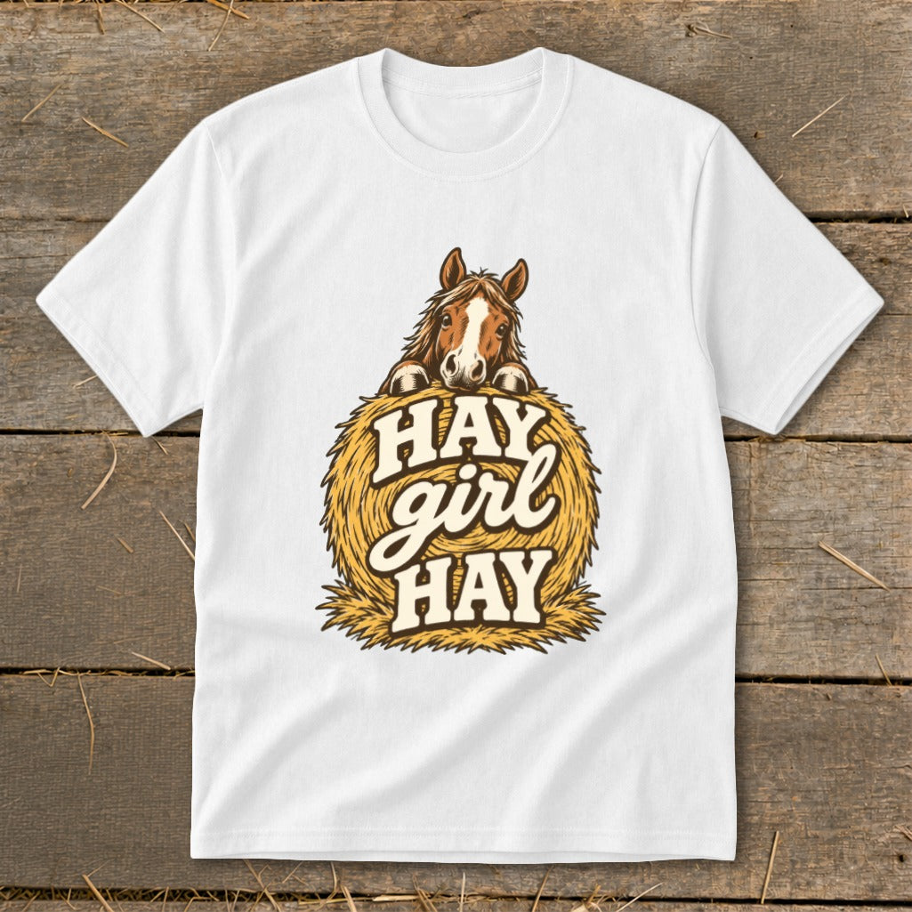 White t-shirt with horse graphic and "Hay girl Hay" text.