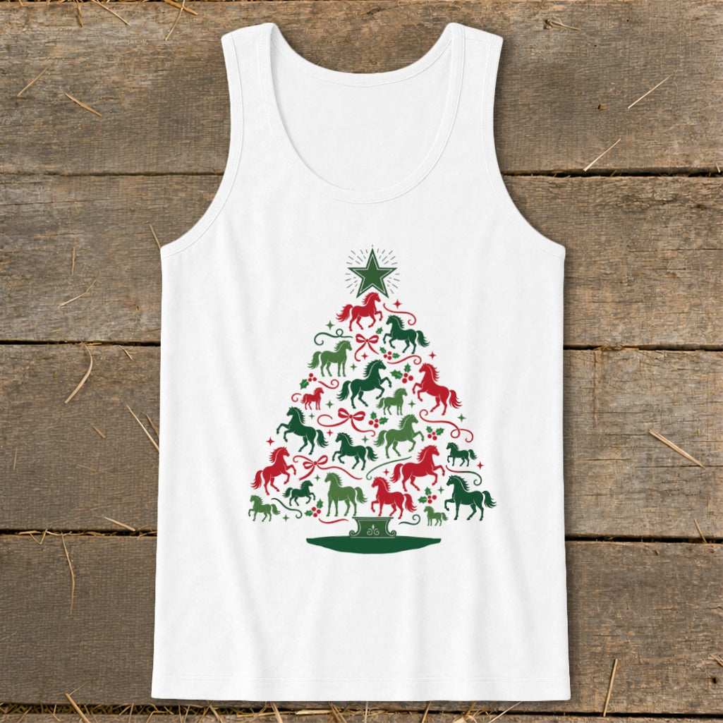 White tank top with a Christmas tree made of red and green horses.