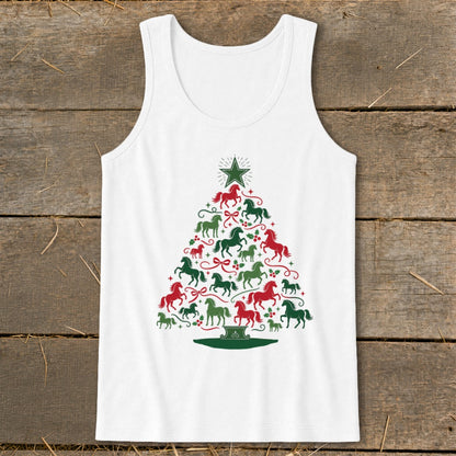 White tank top with a Christmas tree made of red and green horses.