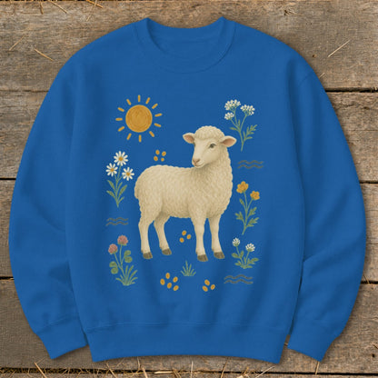 Blue crewneck sweatshirt with a graphic of a sheep surrounded by flowers and a sun.