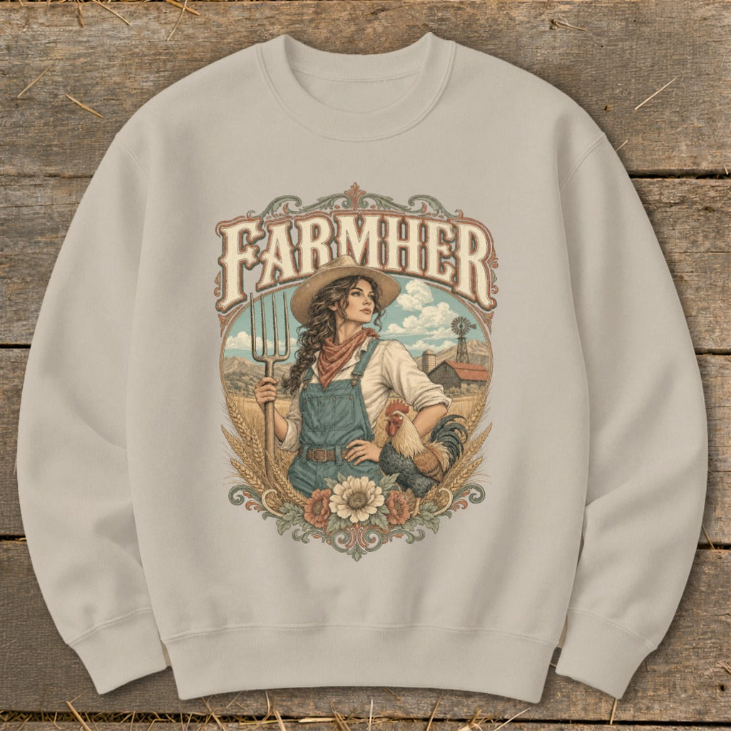Farmer graphic with woman, rooster, and farm scene.