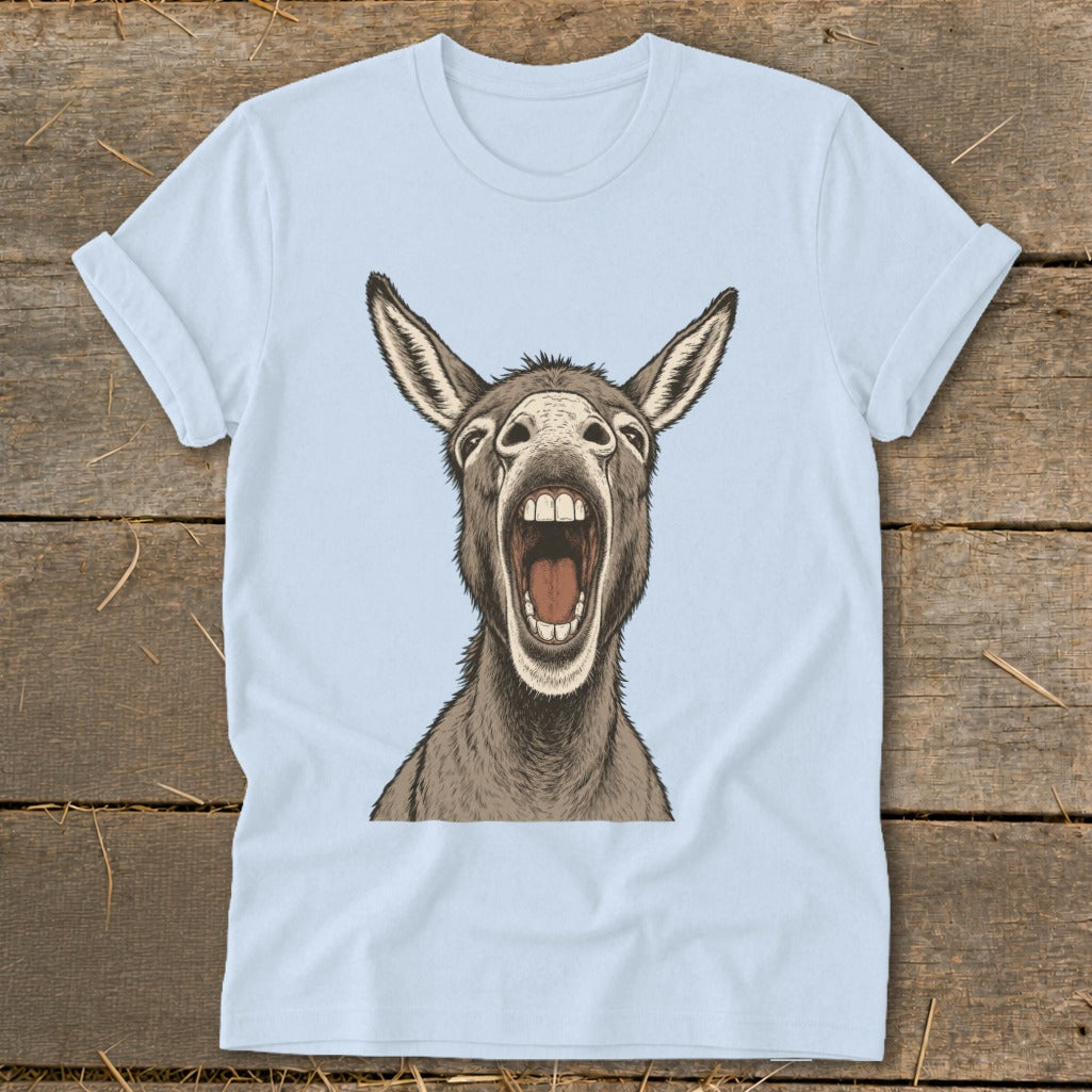 Light blue t-shirt with a cartoon donkey's head with its mouth wide open.