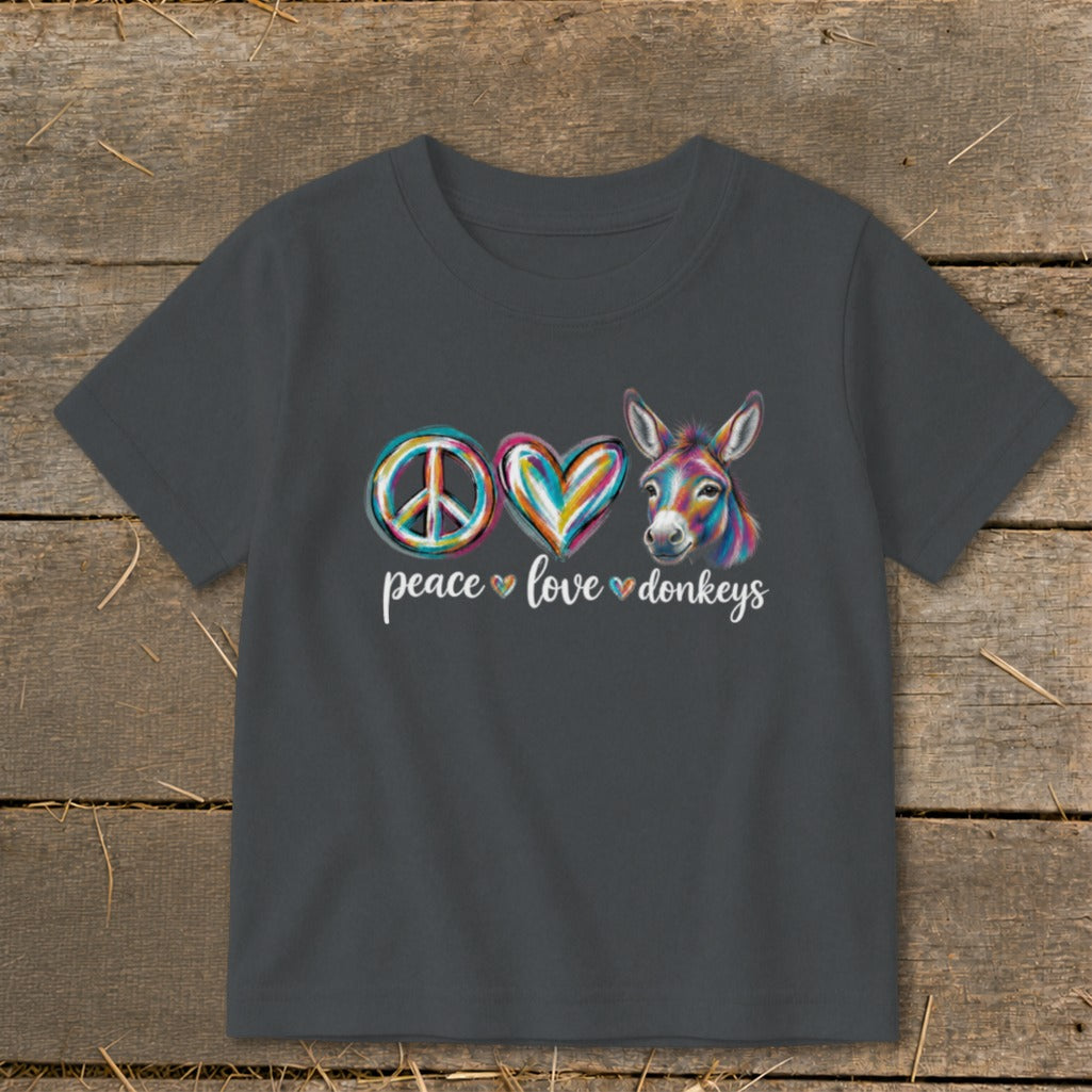 Dark grey t-shirt with "peace love donkeys" text and colorful donkey.