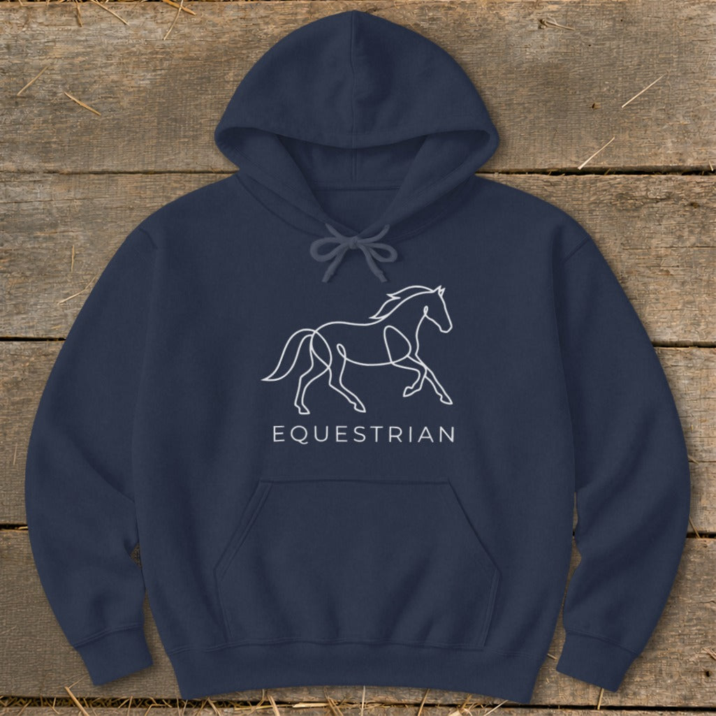 Navy hoodie with a white line drawing of a horse and the word "Equestrian".