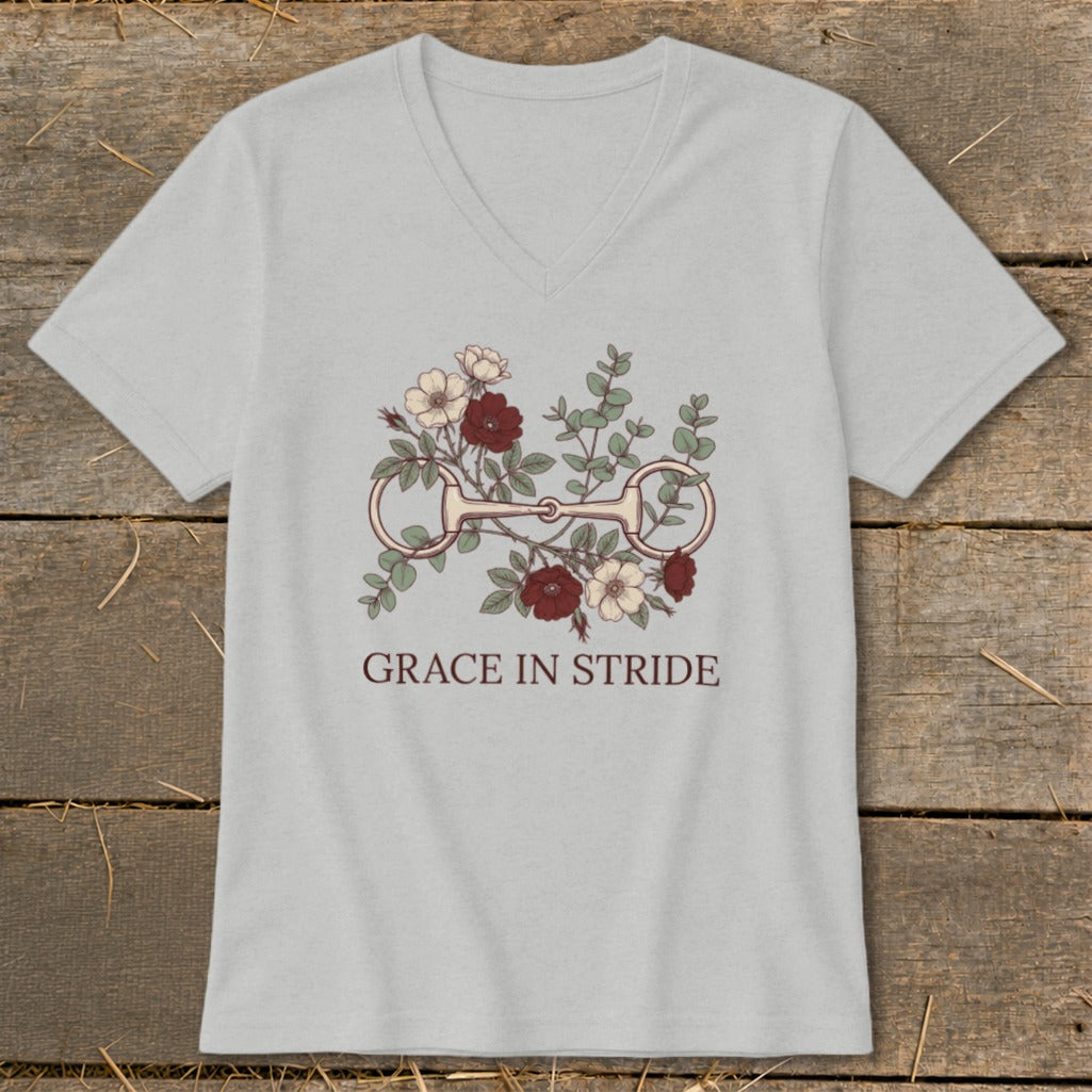 Light gray v-neck t-shirt with a horse bit and floral design, reading "GRACE IN STRIDE".