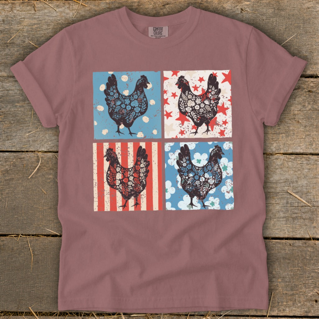 Four decorative chickens in square panels with patriotic backgrounds.