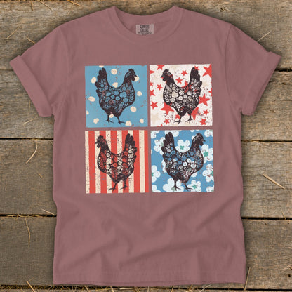 Four decorative chickens in square panels with patriotic backgrounds.