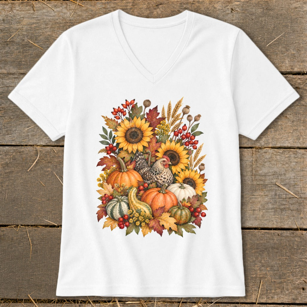 White t-shirt with a harvest arrangement of chickens, pumpkins, sunflowers, and autumn leaves.