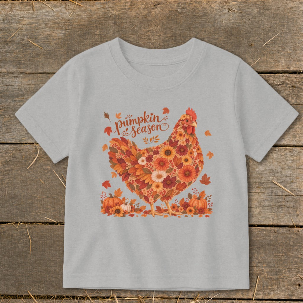 Gray t-shirt with floral chicken graphic and "pumpkin season" text.