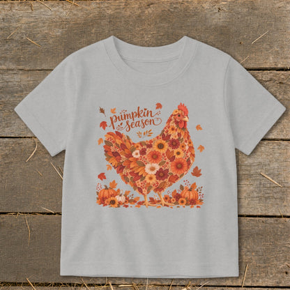 Gray t-shirt with floral chicken graphic and "pumpkin season" text.