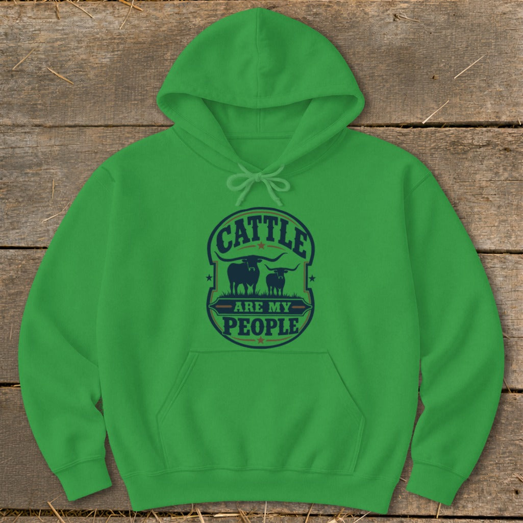 Green hoodie with "Cattle Are My People" text and two bull silhouettes.