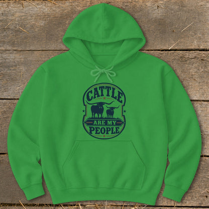 Green hoodie with "Cattle Are My People" text and two bull silhouettes.