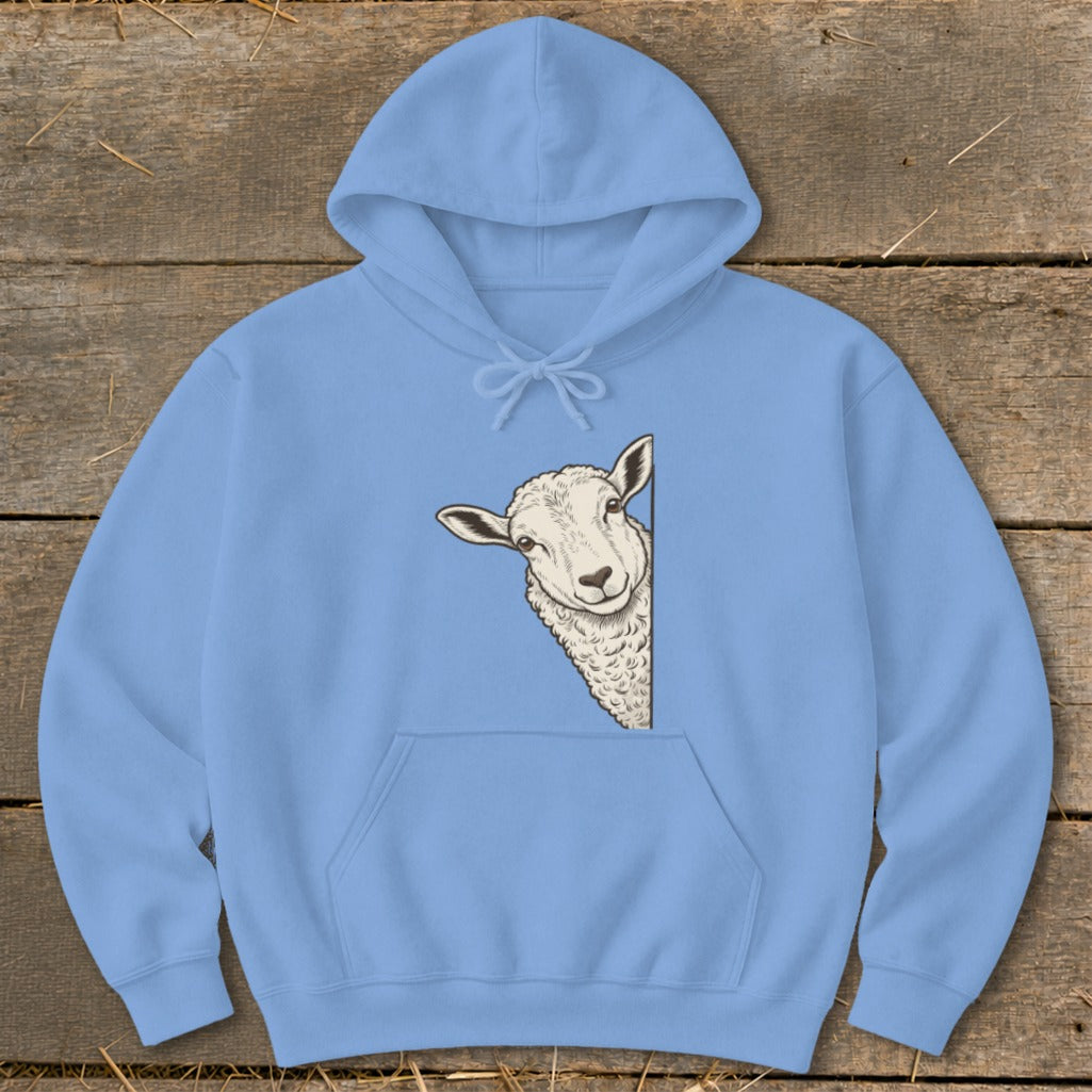 Light blue hoodie with a drawing of a sheep peeking from the side.