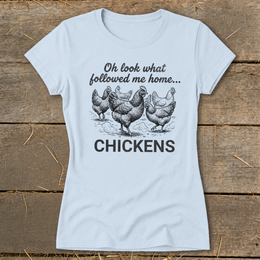Light blue t-shirt with sketch of chickens and text "CHICKENS".