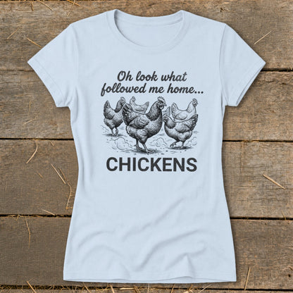 Light blue t-shirt with sketch of chickens and text "CHICKENS".