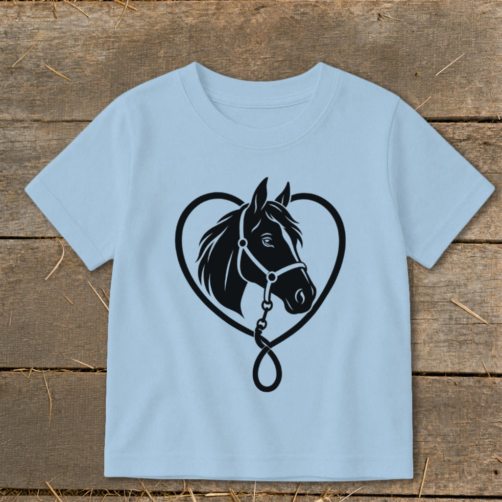 Light blue children's t-shirt featuring a black graphic of a horse head inside a heart outline.