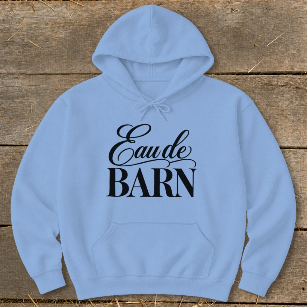 Light blue hoodie with black text reading "Eau de BARN".