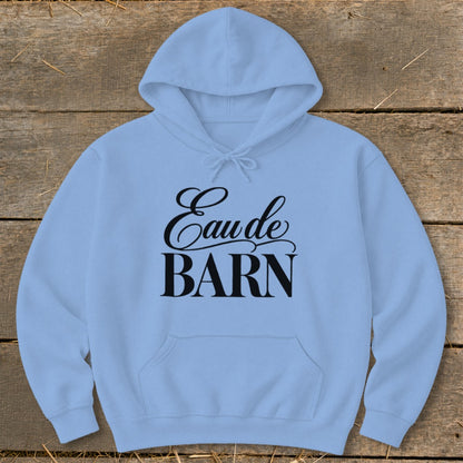 Light blue hoodie with black text reading "Eau de BARN".