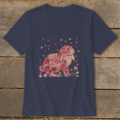 Navy v-neck t-shirt with a rabbit made of flowers and scattered hearts.
