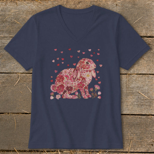 Navy v-neck t-shirt with a rabbit made of flowers and scattered hearts.