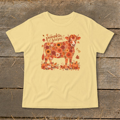Light yellow t-shirt with a cow made of autumn flowers and leaves.