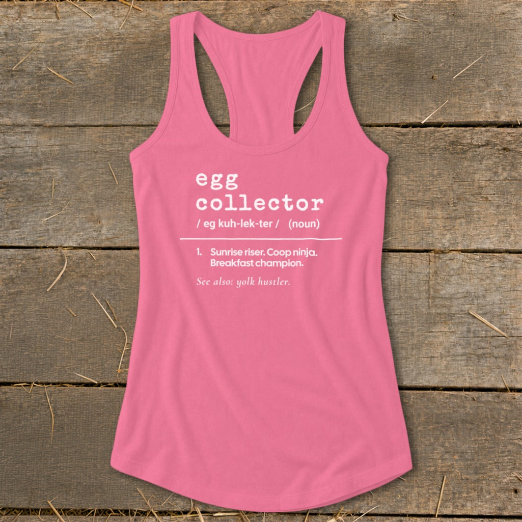 Pink tank top with "egg collector" definition and humorous phrases.
