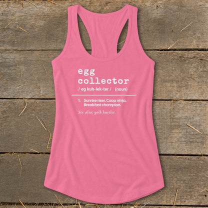 Pink tank top with "egg collector" definition and humorous phrases.