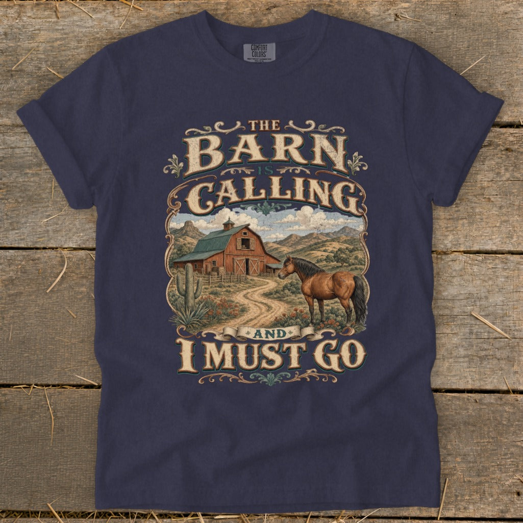 Navy t-shirt with "The Barn Is Calling And I Must Go" text and barn/horse graphic.