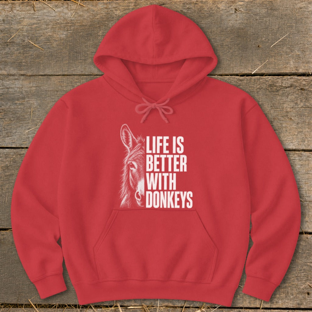 Red hoodie with a sketch of a donkey and text that reads "Life Is Better With Donkeys."