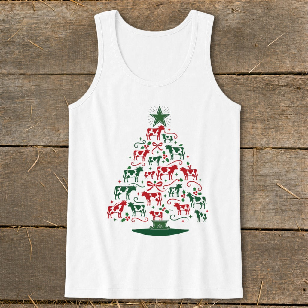 White tank top with Christmas tree made of red and green cows.