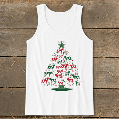 White tank top with Christmas tree made of red and green cows.