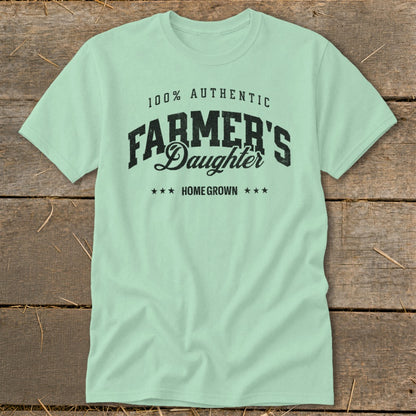 Light blue t-shirt with "100% Authentic Farmer's Daughter Home Grown" text.