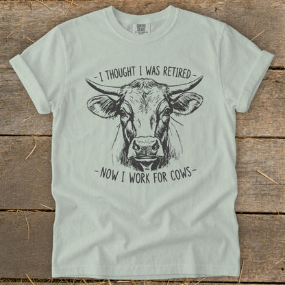 Light blue t-shirt with sketch of cow and text "I THOUGHT I WAS RETIRED - NOW I WORK FOR COWS".