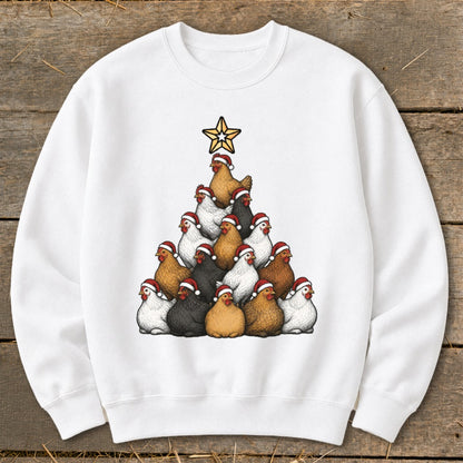 White sweatshirt with a Christmas tree made of chickens wearing Santa hats.