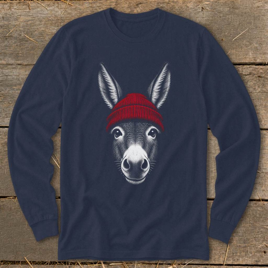Navy blue long-sleeve t-shirt featuring a white illustration of a donkey wearing a red beanie.