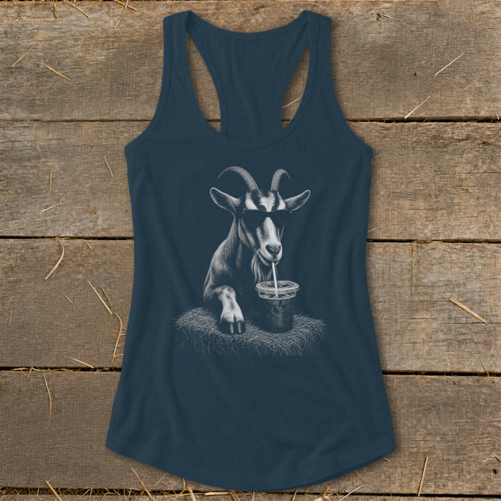 Tank top with graphic of a goat wearing sunglasses drinking from a cup.