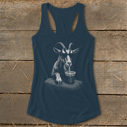 Tank top with graphic of a goat wearing sunglasses drinking from a cup.