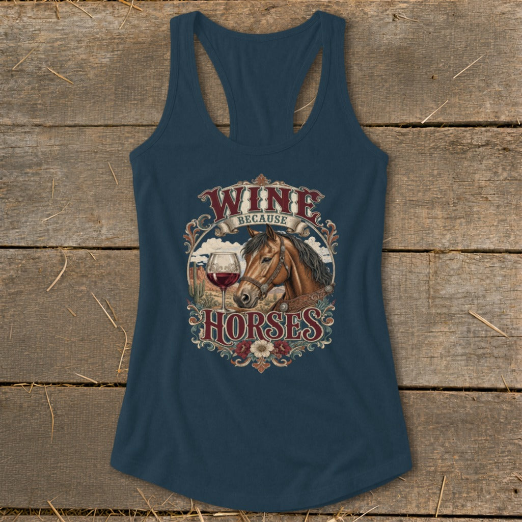 Navy tank top with "Wine Because Horses" graphic featuring a horse and wine glass.